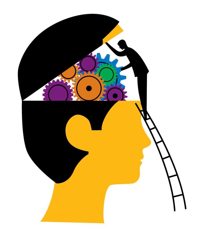 Illustration of a person tending the gears inside a head